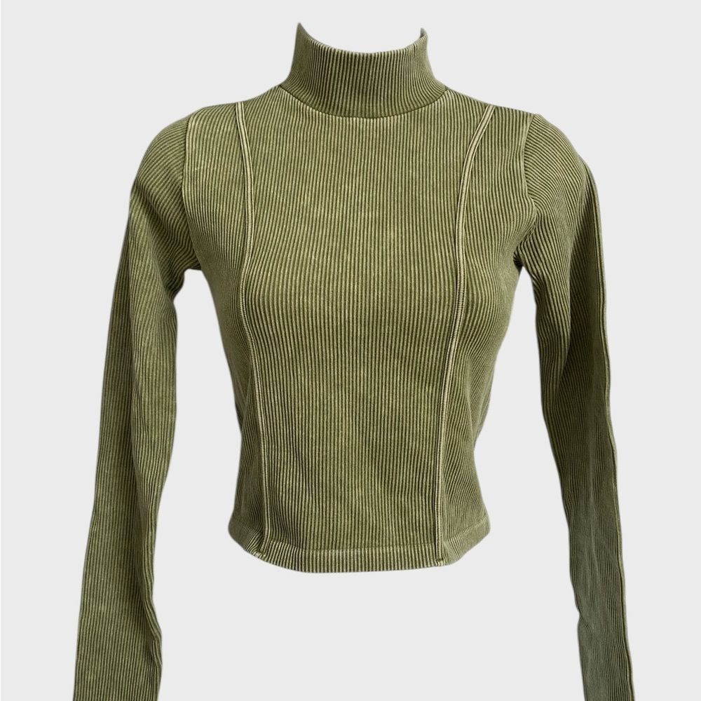 Hunter & Brown Rib Knit Crop Top Women's Size S Green Mock-Neck Long Sleeve